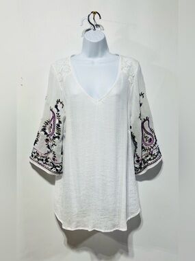 Fig & Flower White‎ Embroidered Boho Tunic Blouse Size 1X